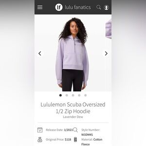 Lululemon Athletica Lavender Dew Scuba Oversized 1/2 Zip Hoodie